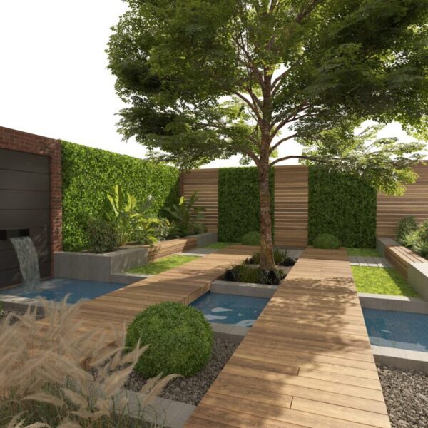 Garden yard with plants and small pool