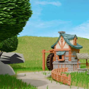 low poly stylized village meadow and home