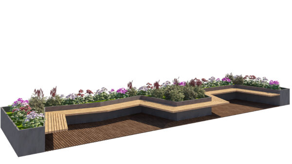 Modern Angular Park Bench with Integrated Planters Modern Angular Park Bench with Integrated Planters