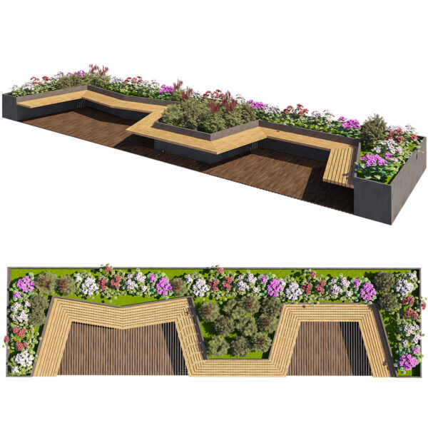 Modern Angular Park Bench with Integrated Planters Modern Angular Park Bench with Integrated Planters