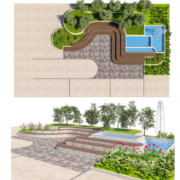 Modern Urban Plaza Seating with Fountain Modern Urban Plaza Seating with Fountain