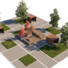 Modern City Park Asset with Grid Paving, Trees, and Wooden Pavilion Structures