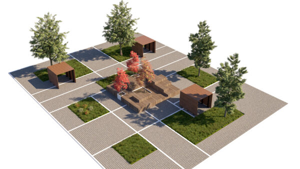 Modern City Park Asset with Grid Paving, Trees, and Wooden Pavilion Structures