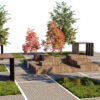 Modern City Park Asset with Grid Paving, Trees, and Wooden Pavilion Structures