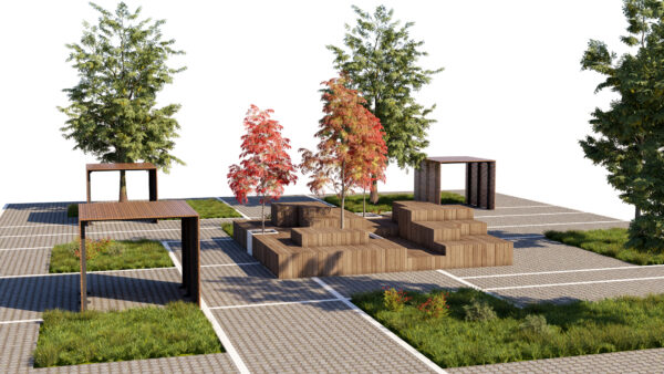 Modern City Park Asset with Grid Paving, Trees, and Wooden Pavilion Structures