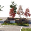 Modern City Park Asset with Grid Paving, Trees, and Wooden Pavilion Structures