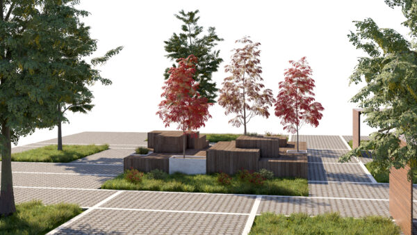 Modern City Park Asset with Grid Paving, Trees, and Wooden Pavilion Structures