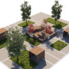 Modern City Park Asset with Grid Paving, Trees, and Wooden Pavilion Structures