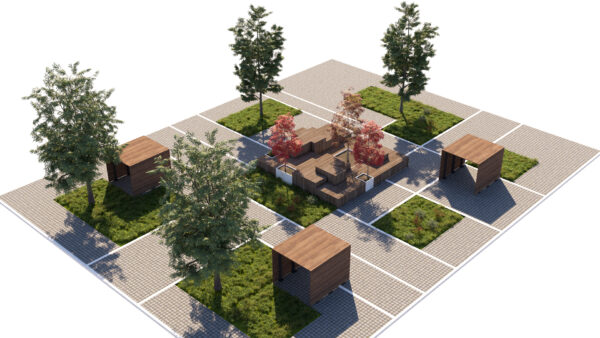 Modern City Park Asset with Grid Paving, Trees, and Wooden Pavilion Structures