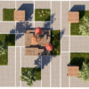 Modern City Park Asset with Grid Paving, Trees, and Wooden Pavilion Structures