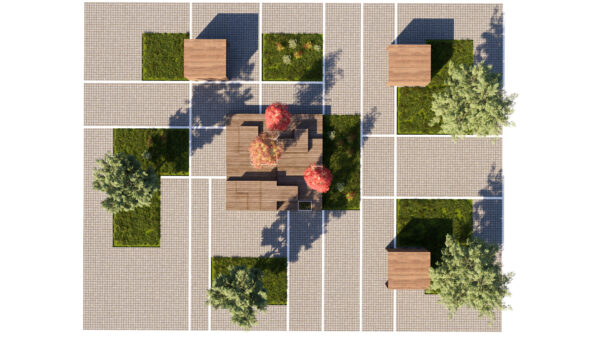 Modern City Park Asset with Grid Paving, Trees, and Wooden Pavilion Structures