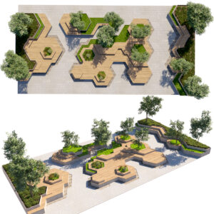 Hexagonal Geometric Parklet and Landscape Architecture 3D Model