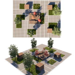 Modern City Park Asset with Grid Paving, Trees, and Wooden Pavilion Structures