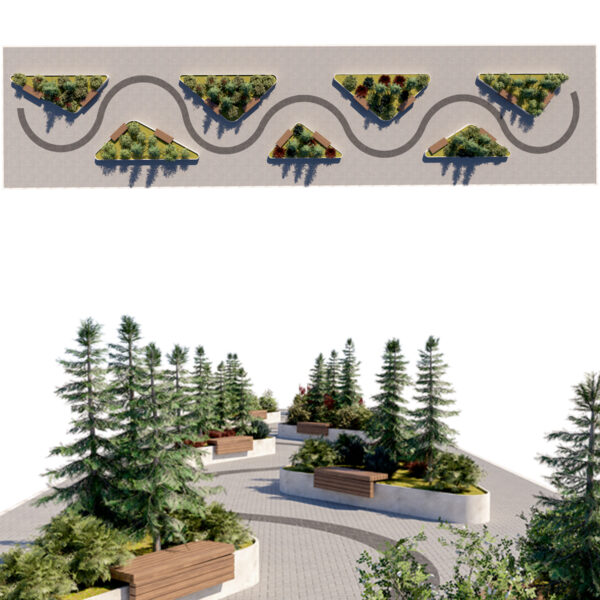 Modular Triangular Garden with Integrated Seating