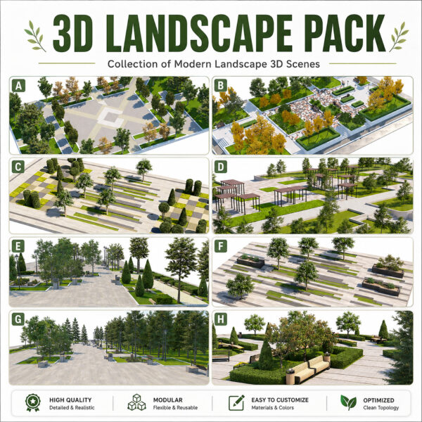 8 Complete Scenes, Outdoor Park Plaza and Garden 3D Pack