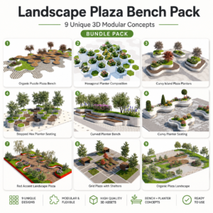 Landscape Plaza Benches Pack – 9 Modular Urban Park 3D Models Landscape Plaza Benches Pack – 9 Modular Urban Park 3D Models
