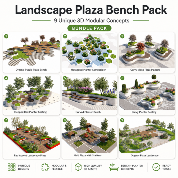 Landscape Plaza Benches Pack – 9 Modular Urban Park 3D Models