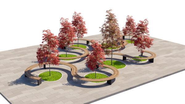 Curved Modular Public Bench and Autumn Tree Plaza Landscape Set