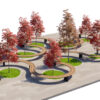 Curved Modular Public Bench and Autumn Tree Plaza Landscape Set 3D model