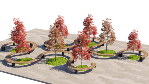 Curved Modular Public Bench and Autumn Tree Plaza Landscape Set