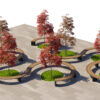 Curved Modular Public Bench and Autumn Tree Plaza Landscape Set