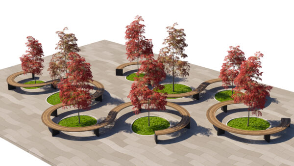 Curved Modular Public Bench and Autumn Tree Plaza Landscape Set