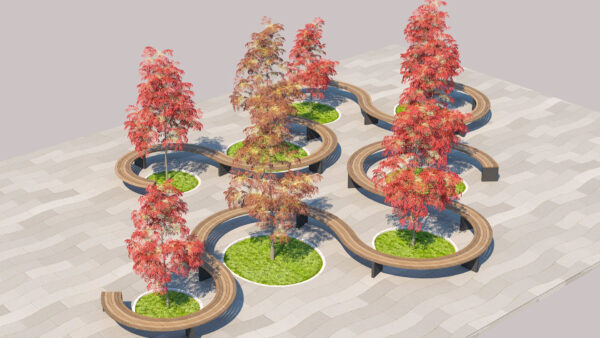 Curved Modular Public Bench and Autumn Tree Plaza Landscape Set