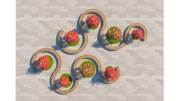 Curved Modular Public Bench and Autumn Tree Plaza Landscape Set