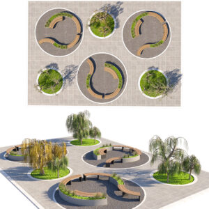 Urban Park Plaza Modular Environment Kit with Weeping Willows 3D model