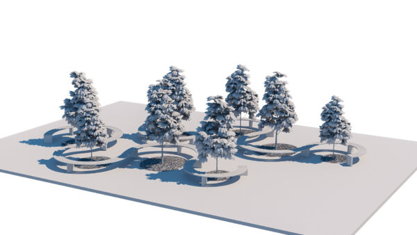 Curved Modular Public Bench and Autumn Tree Plaza Landscape Set